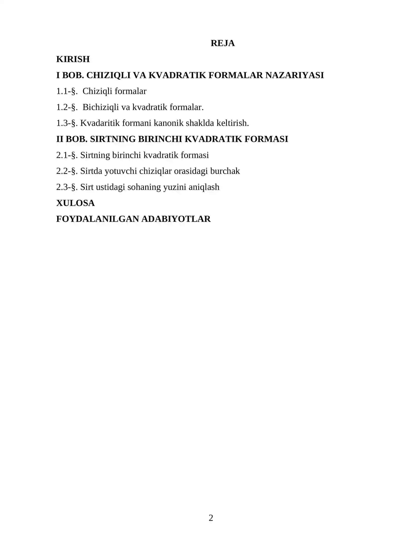 Chiziqli va kvadratik formalar . Kvadratik formalarni kononik koʻrinishga keltirish 2