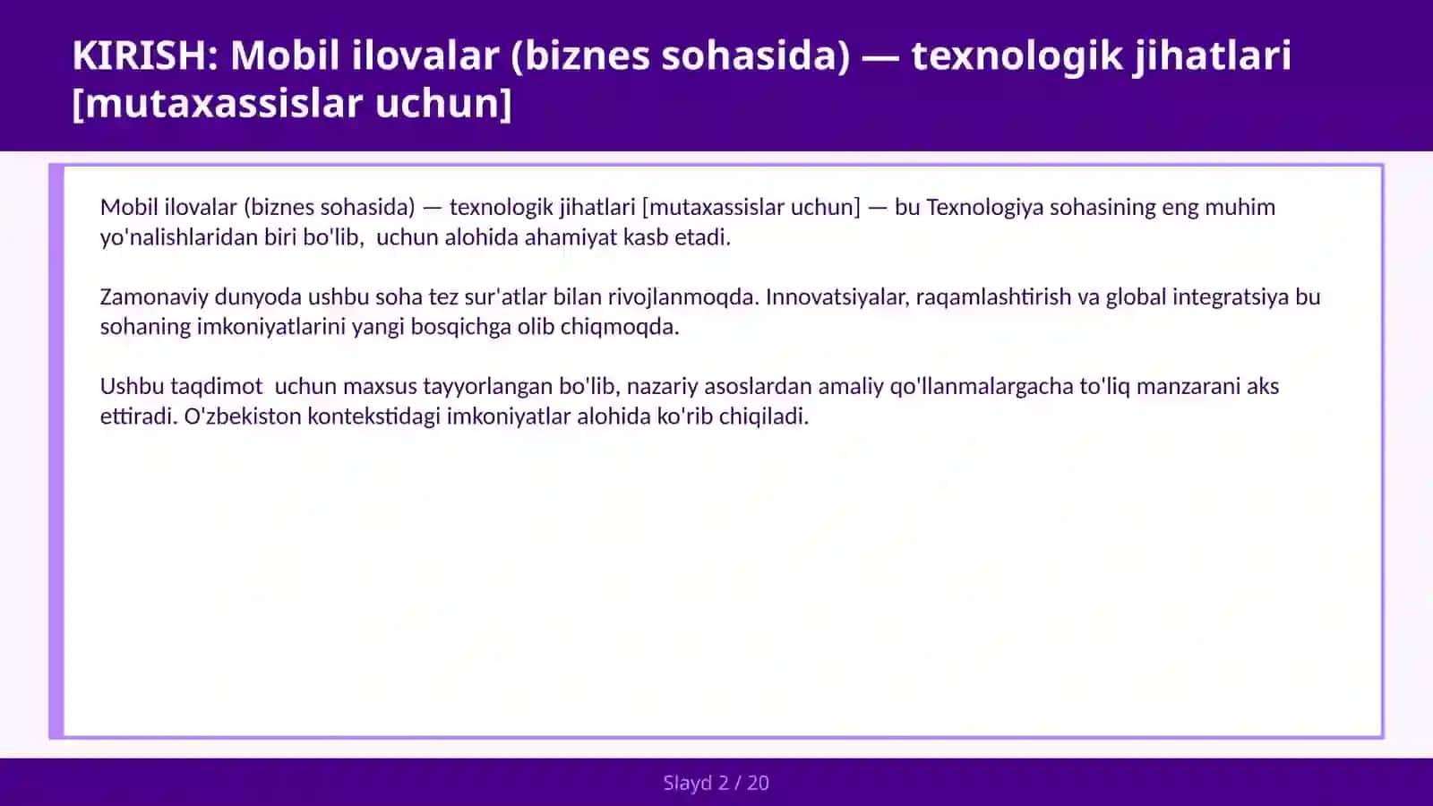 MOBIL ILOVALAR (BIZNES SOHASIDA) — TEXNOLOGIK JIHATLARI [MUTAXASSISLAR UCHUN] 2
