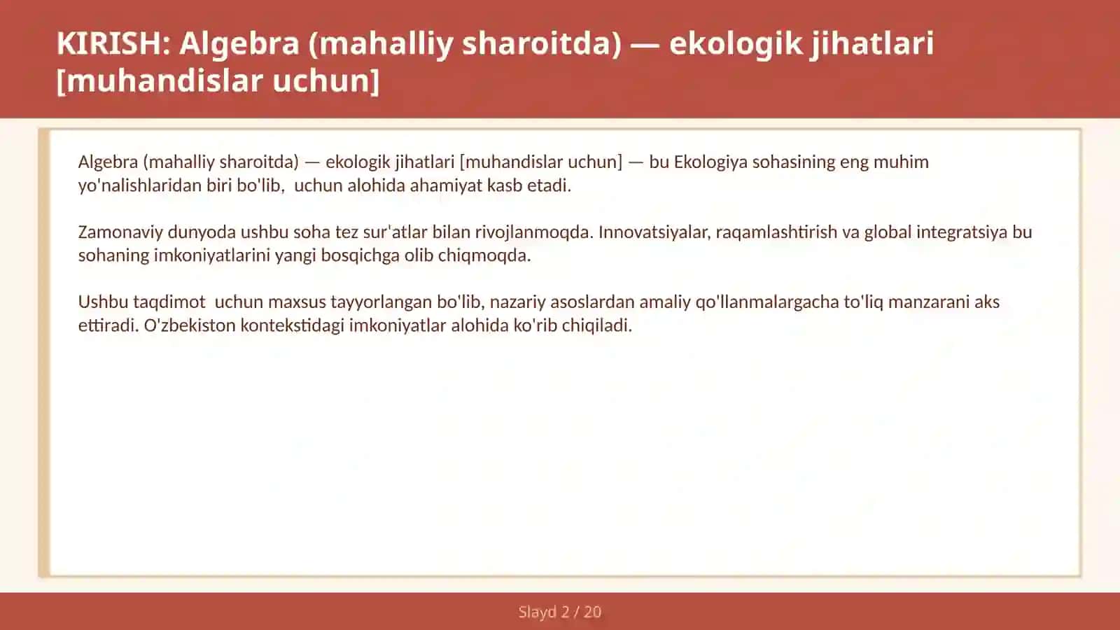 Algebra (mahalliy sharoitda) - ekologik jihatlari [muhandislar uchun] 2