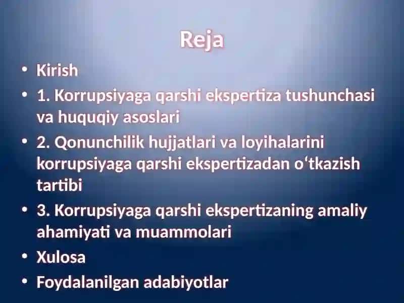 Qonunchilik huquqiy hujjatlari va loyihalarini korrupsiyaga qarshi ekspertizasi 2