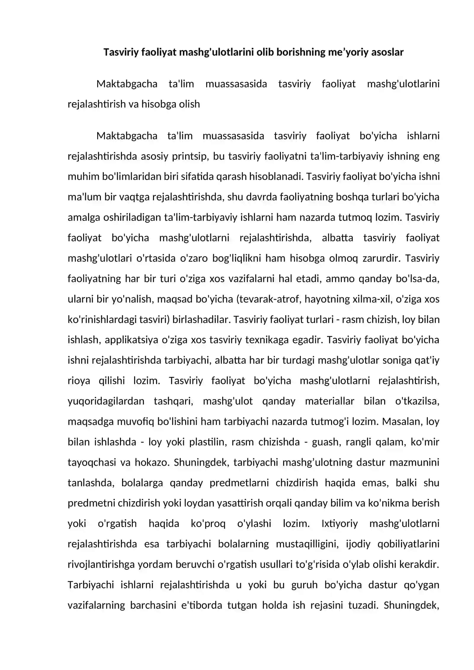 Tasviriy faoliyat mashg'ulotlarini olib borishning me’yoriy asoslar 2
