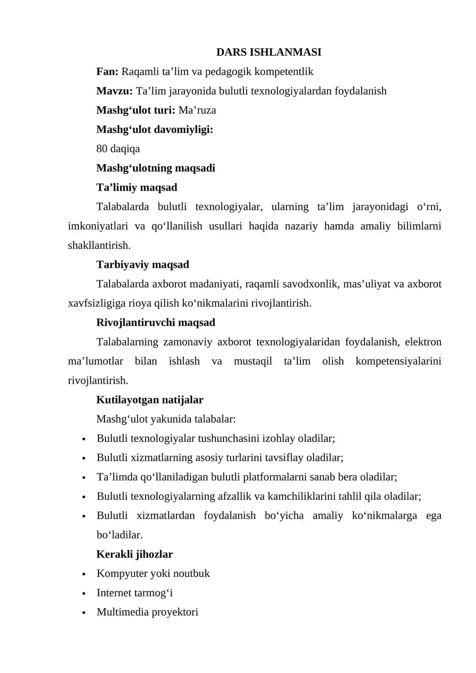 Ta’lim jarayonida bulutli texnologiyalardan foydalanish mavzusida dars ishlanmasi 2