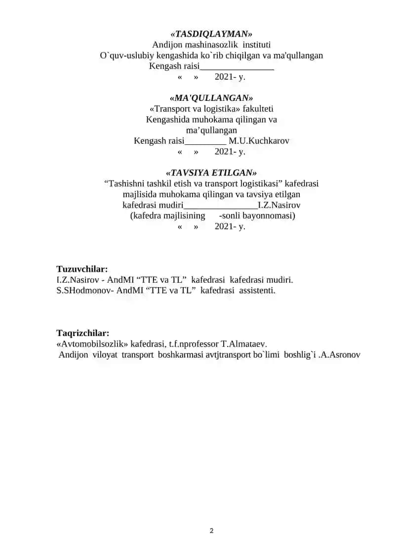 Tashishni tashkil etish va transport logistikasi (avtomobil transporti) yo‘nalishi talabalari uchun amaliy mashg`ulotlarini bajarish bo’yicha 2