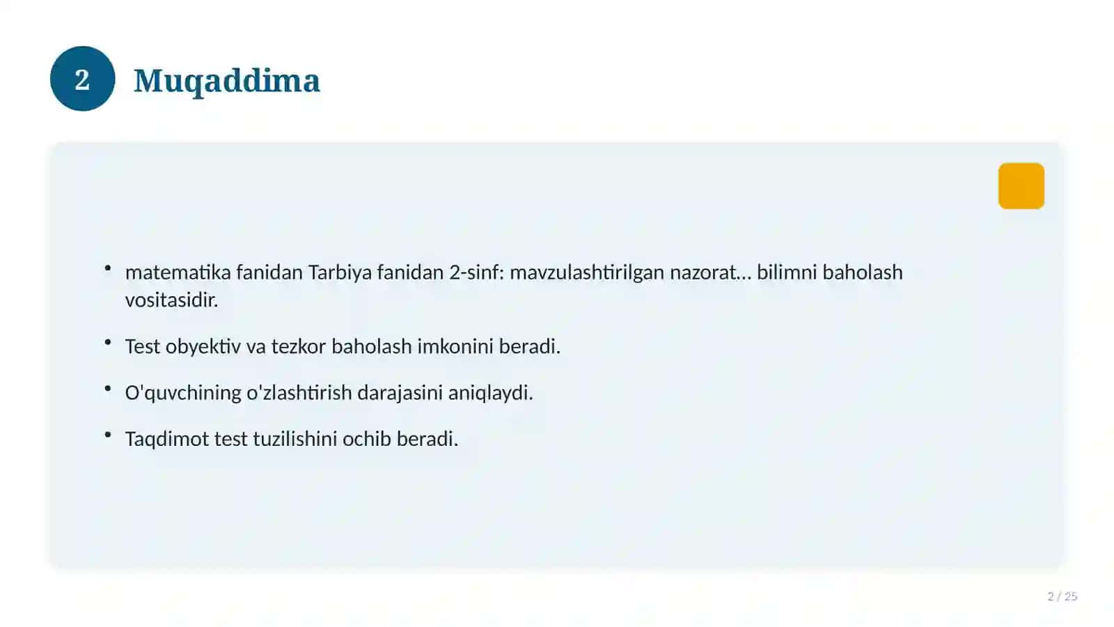 Tarbiya fanidan 2-sinf: mavzulashtirilgan nazorat ishi va tahlil 2