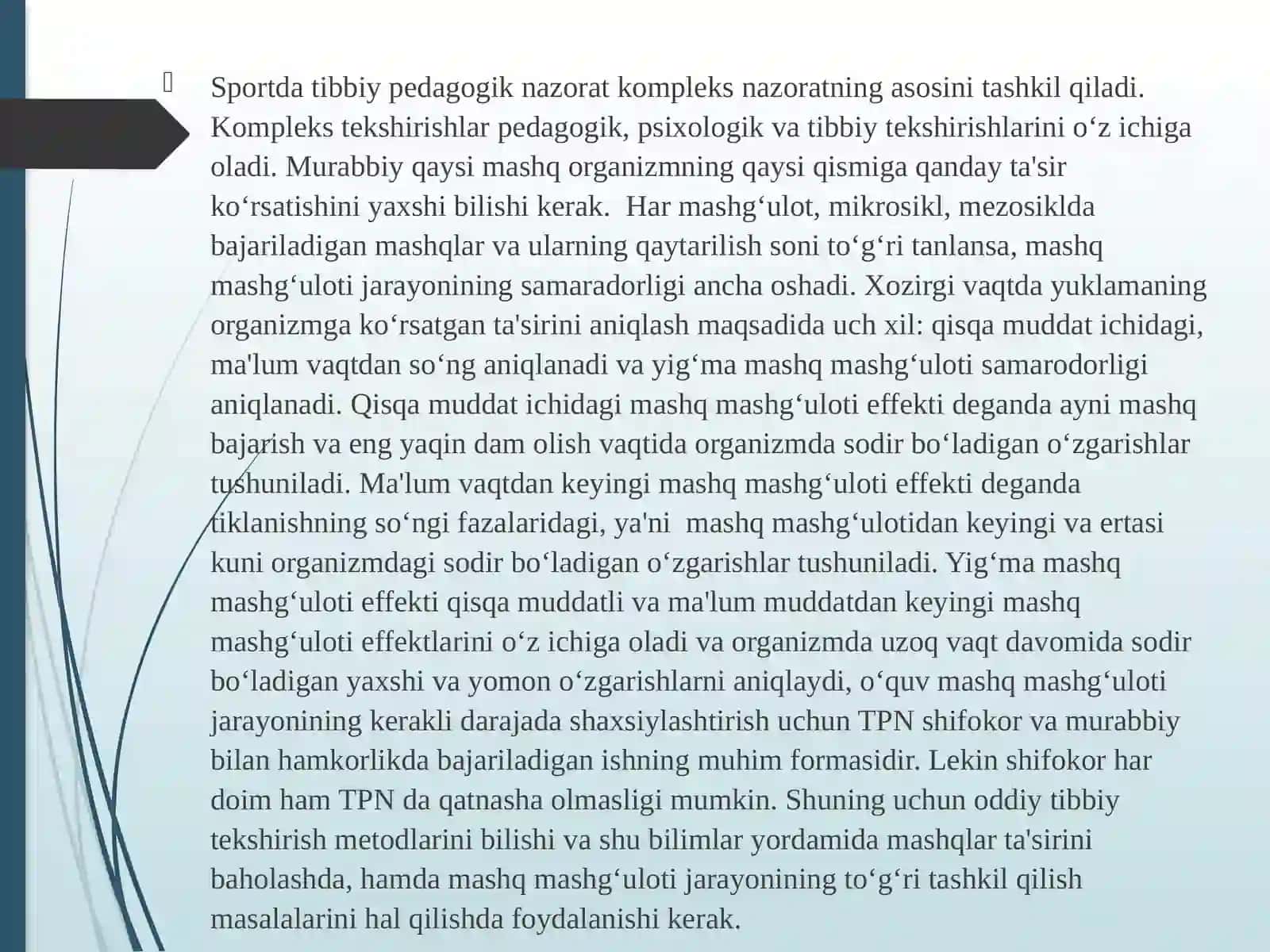 AMALIY MASHG‘ULOT № 6 SPORT VA JISMONIY TARBIYA BILAN SHUGʻULLANISH JARAYONIDAGI TIBBIY PEDAGOGIK NAZORAT.TAKRORIY VA QOʻSHIMCHA YUKLAMALI SINAMALAR. OʻTKAZISH USLUBI. OLINGAN NATIJALARNI BAHOLASH.JISMONIY TARBIYA VA SPORT BILAN SHUGʻULLANUVCHI BOLALAR, OʻSMIRLAR VA AYOLLARDA TPN 2