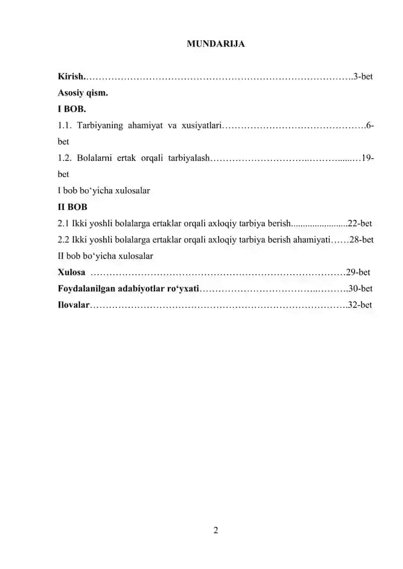 "MAKTABGACHA TA’LIM TARBIYANI TASHKIL ETISH TEXNOLOGIYASI" KURS ISHI 2