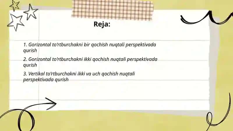 Tekis shakl (gorizontal, vertikal va ogʻma vaziyatdagi toʻrtburchak, koʻpburchak va aylana) larning perspektivasini qurish 2