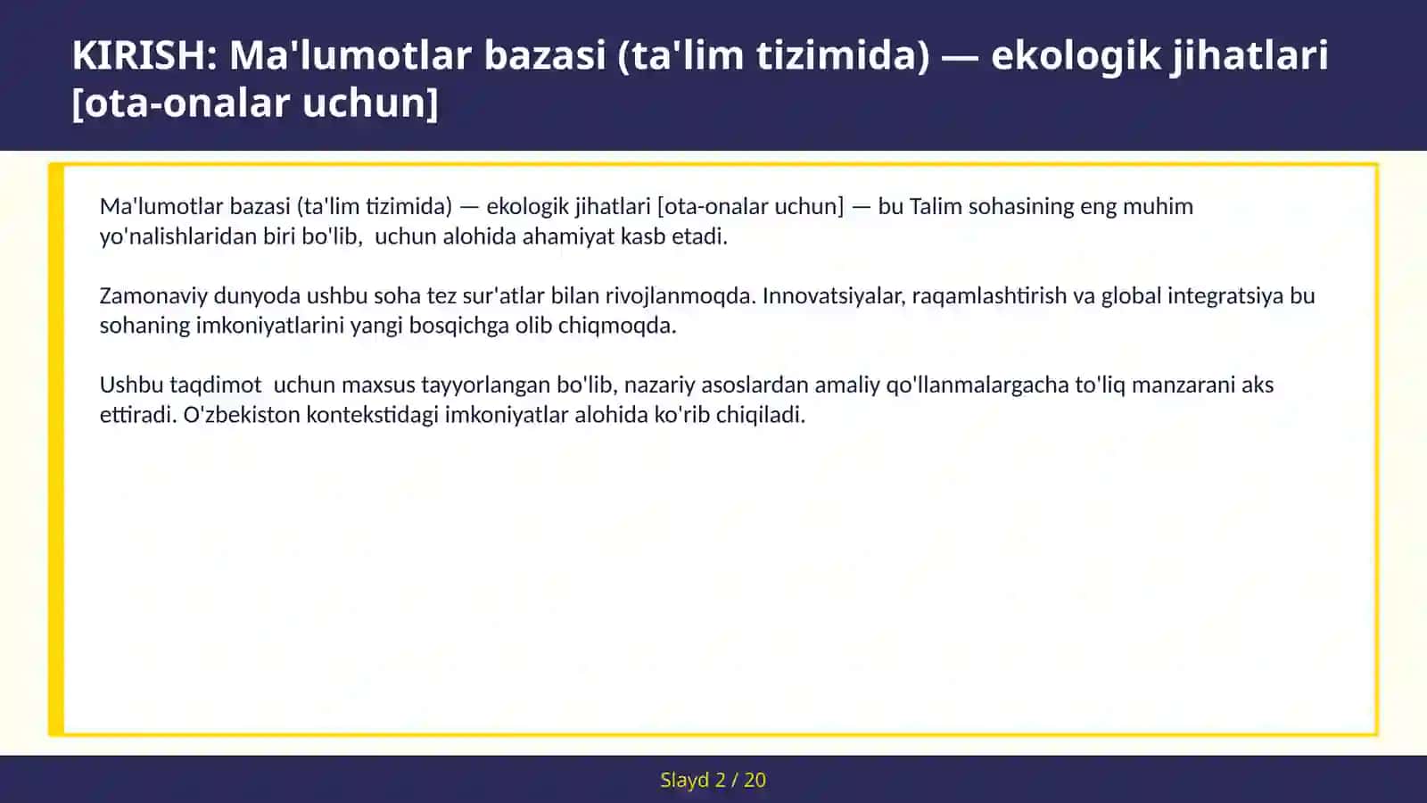 Ma'lumotlar bazasi (ta'lim tizimida) — ekologik jihatlari [ota-onalar uchun] 2