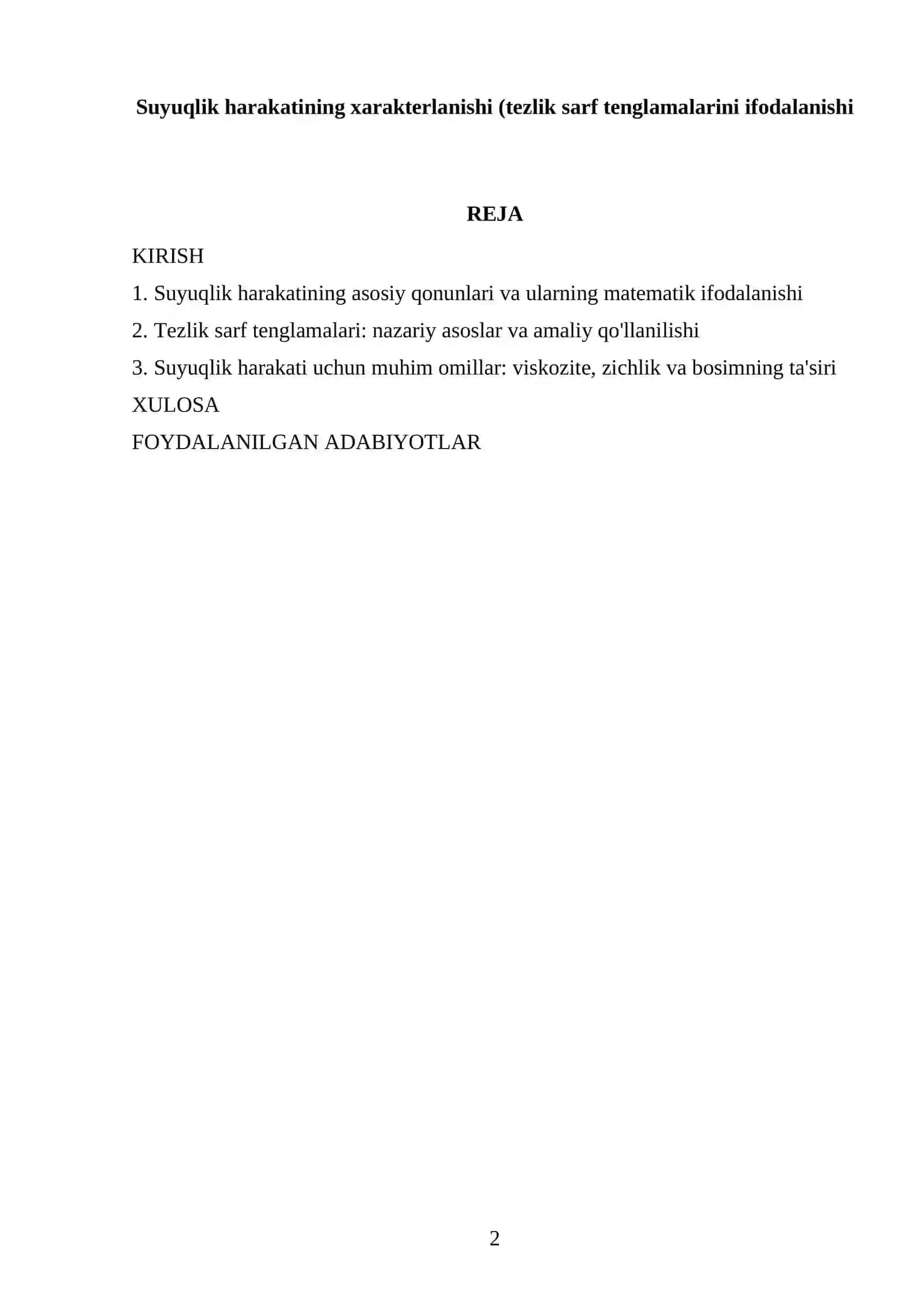 Suyuqlik harakatining xarakterlanishi (tezlik sarf tenglamalarini ifodalanishi) 2
