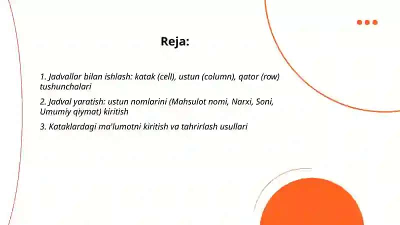 Microsoft Excel dasturida Jadval yaratish 2