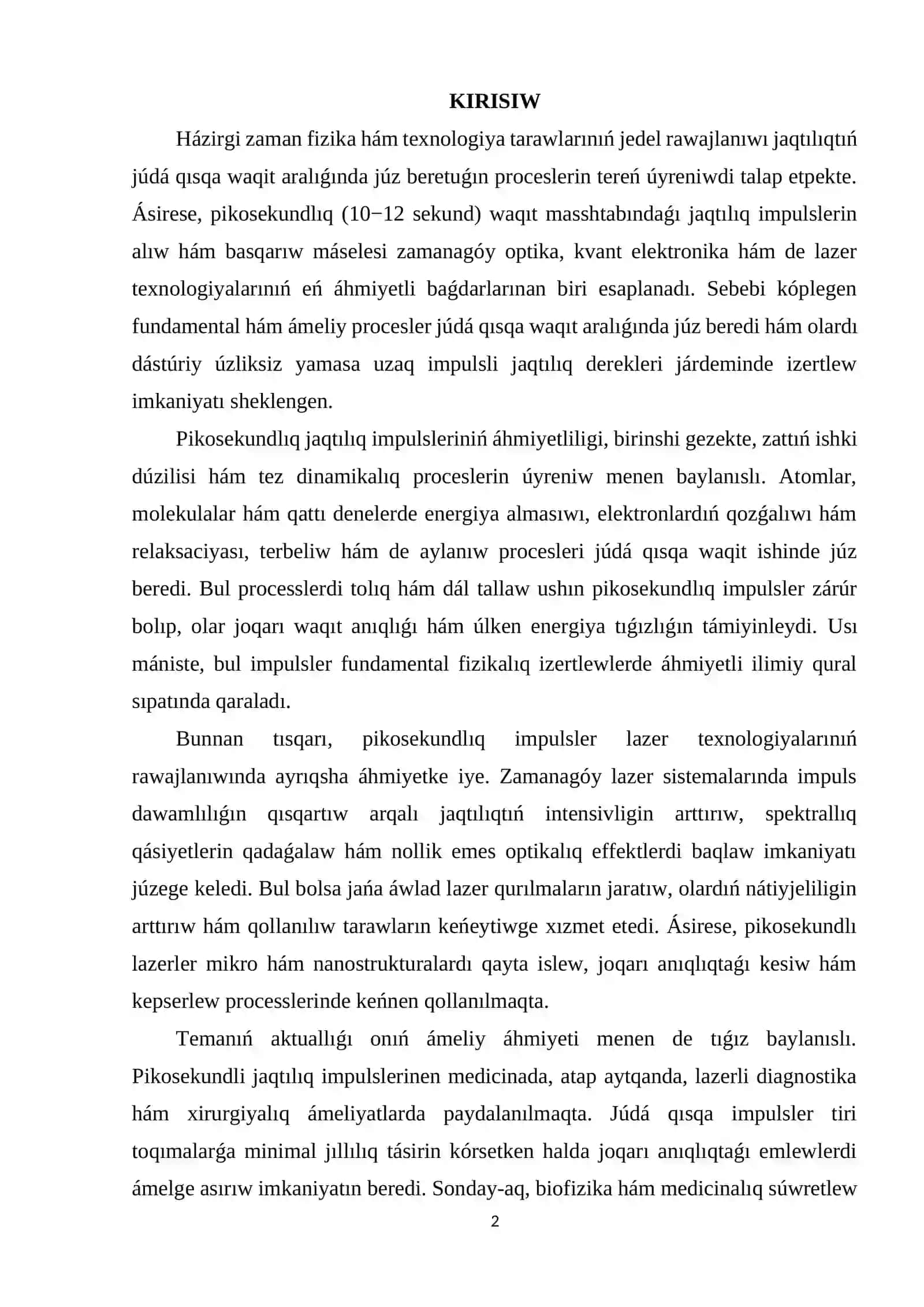 JAQTILIQ IMPULSLERI HÁM PIKOSEGUNDLI PROCESSLERDIŃ TEORIYALIQ TIYKARLARI 2