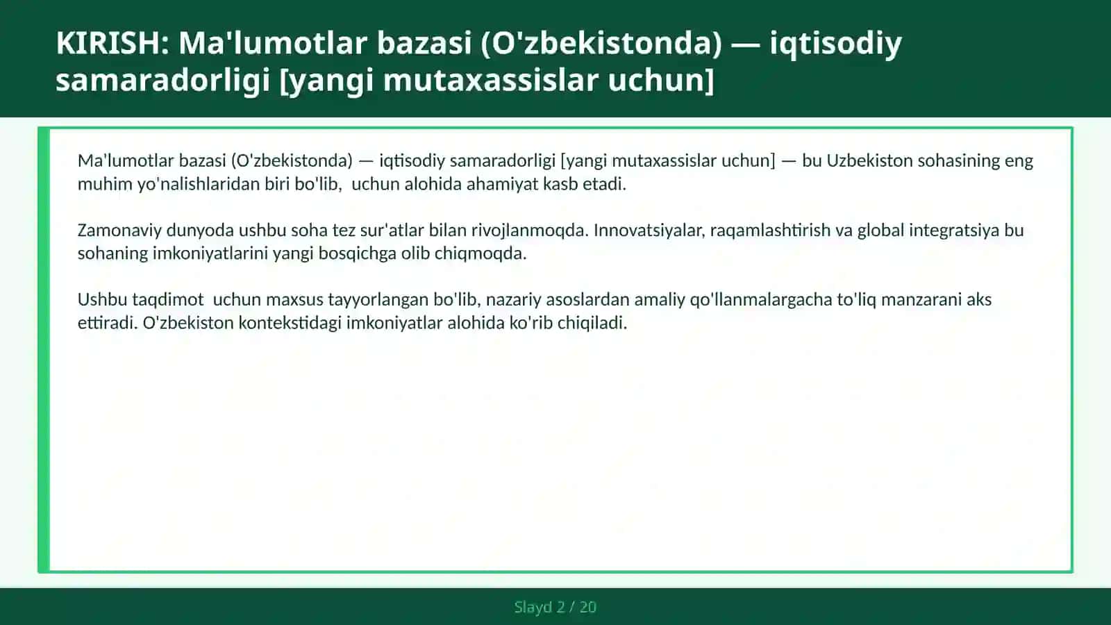 Ma'lumotlar bazasi (O'zbekistonda) — iqtisodiy samaradorligi [yangi mutaxassislar uchun] 2