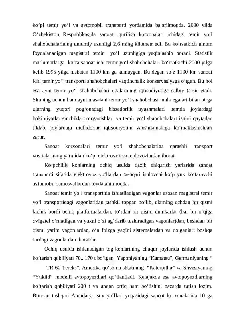 SАNOАT TRАNSPORTINING TEXNIK-IQTISODIY TАVSIFI VА RIVOJLАNISH MUАMMOLАRI 2