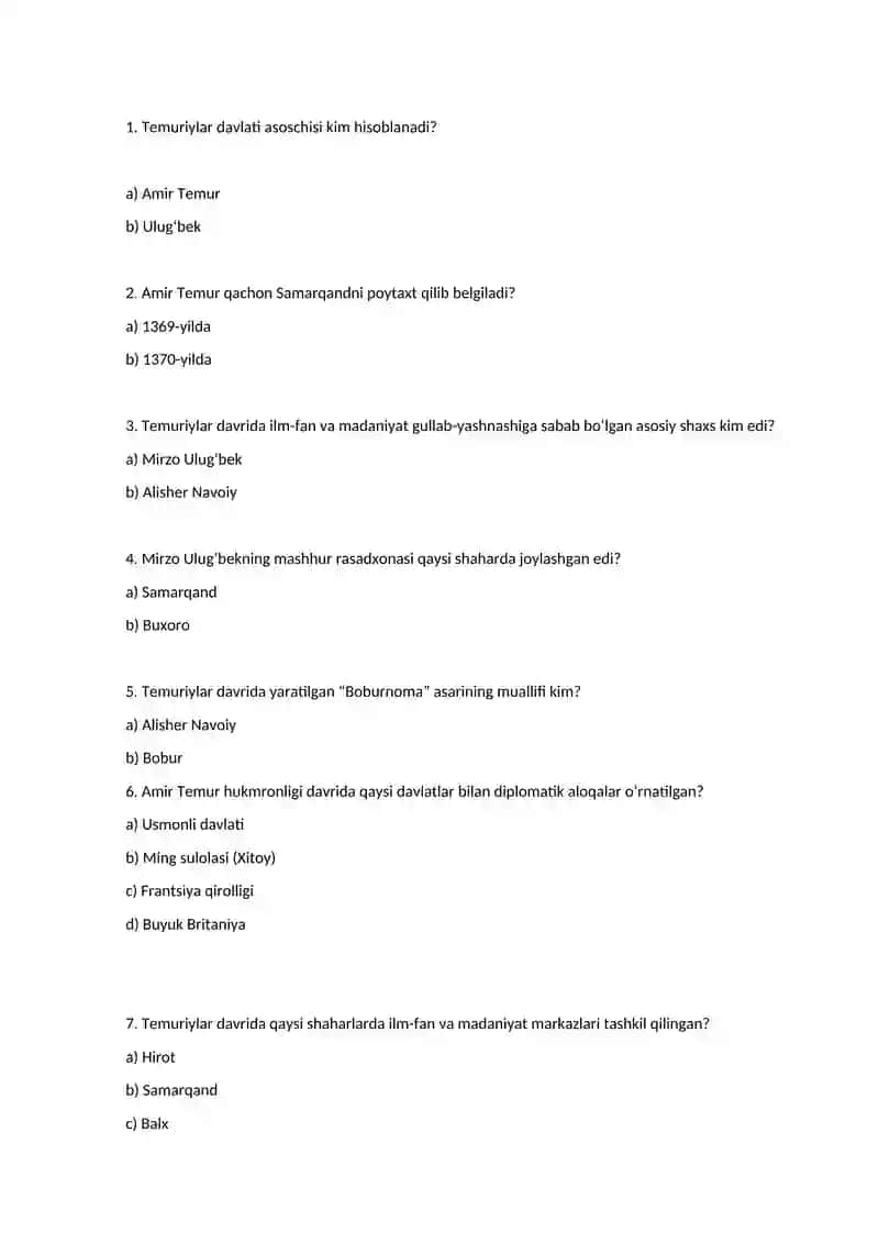Temuriylar tarixi test 2