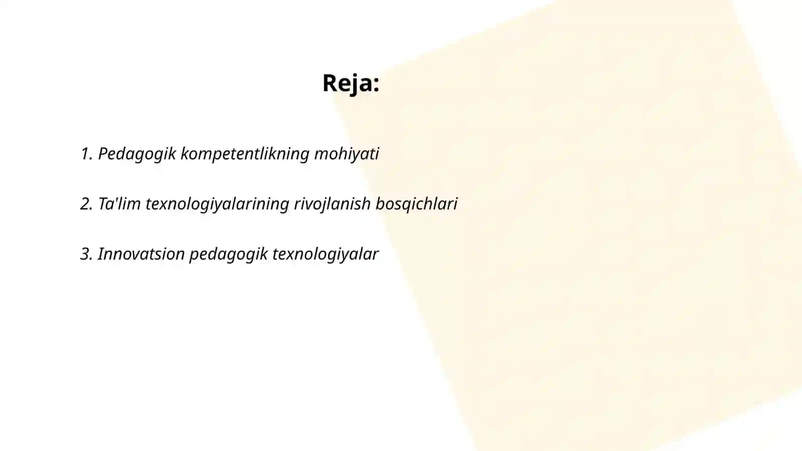 Pedagog kompententlikni shakllantirishda pedagogik texnologiyani loyihalashtirish va rejalashtirish yo’llari, ta’lim vositalari ta’lim texnologiyasining tarkibini o’rganish 2