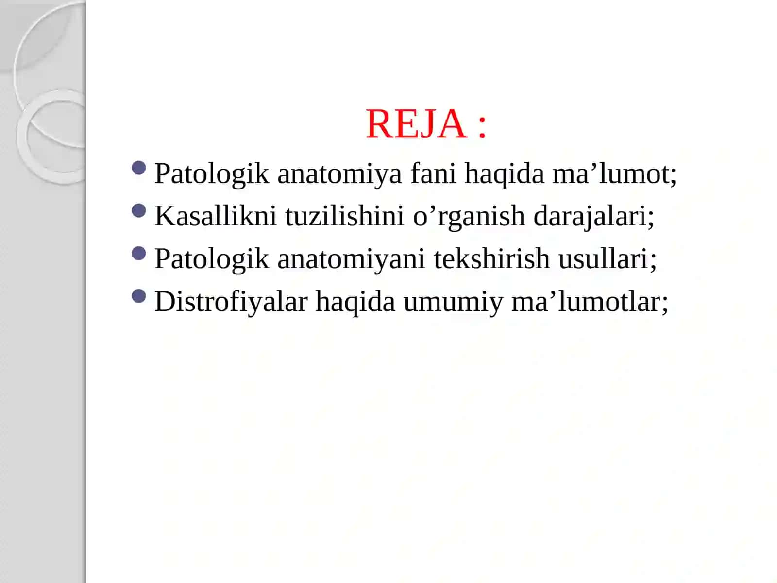 PATOLOGIYA MODULI MAQSADI VA UNING VAZIFALARI, RIVOJLANISH TARIXI.DISTROFIYALAR HAQIDA UMUMIY MA’LUMOTLAR 2
