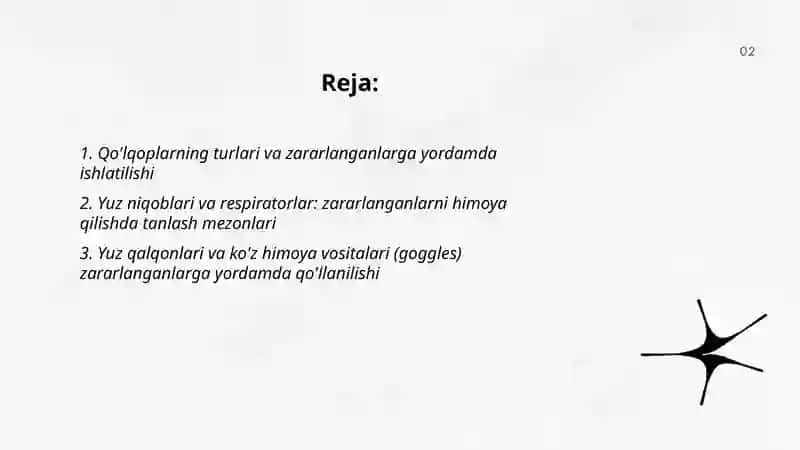Zararlanganlarga yordam ko'rsatish uchun ishlatiladigan tibbiy muhofaza vositalari 2