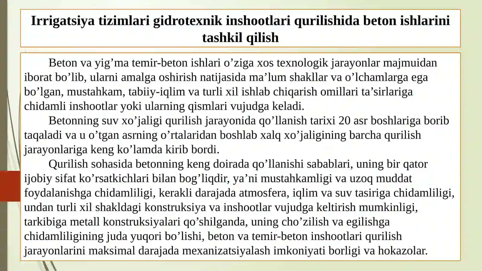 Irrigatsiya tizimlari gidrotexnik inshootlari qurilishida beton ishlarini tashkilqilish 2