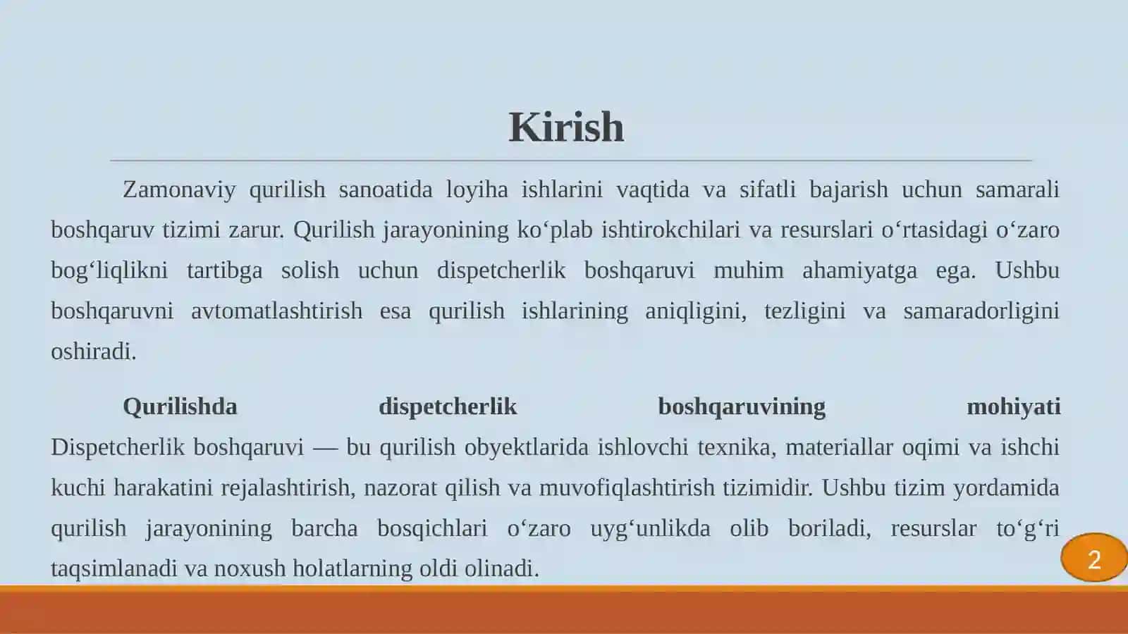 Qurilishda dispetcherlik boshqaruvi va uni avtomatlashtirish bo‘yicha amaliy yechimlar ishlab chiqish 2
