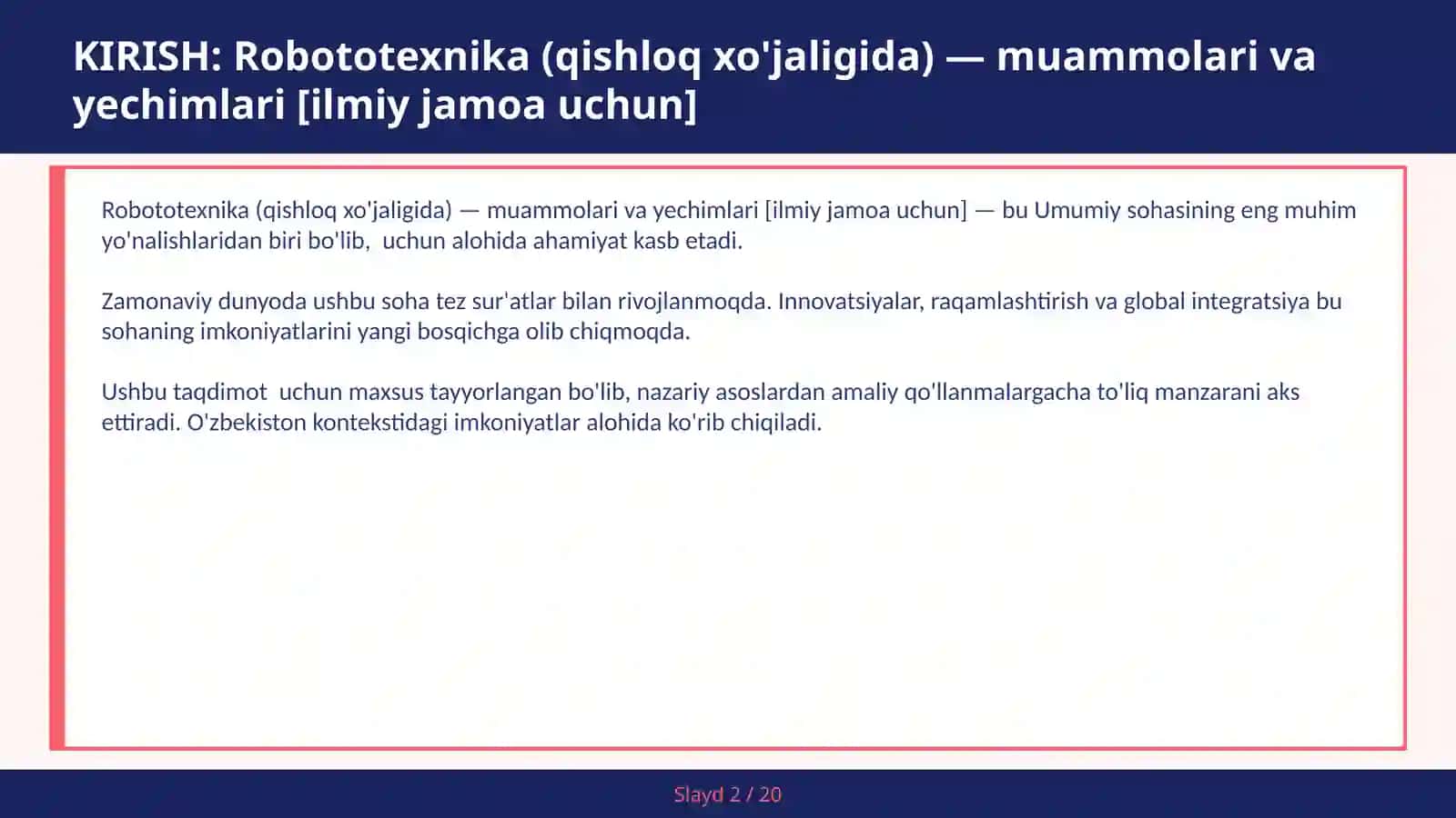 Robototexnika (qishloq xo'jaligida) — muammolari va yechimlari [ilmiy jamoa uchun] 2