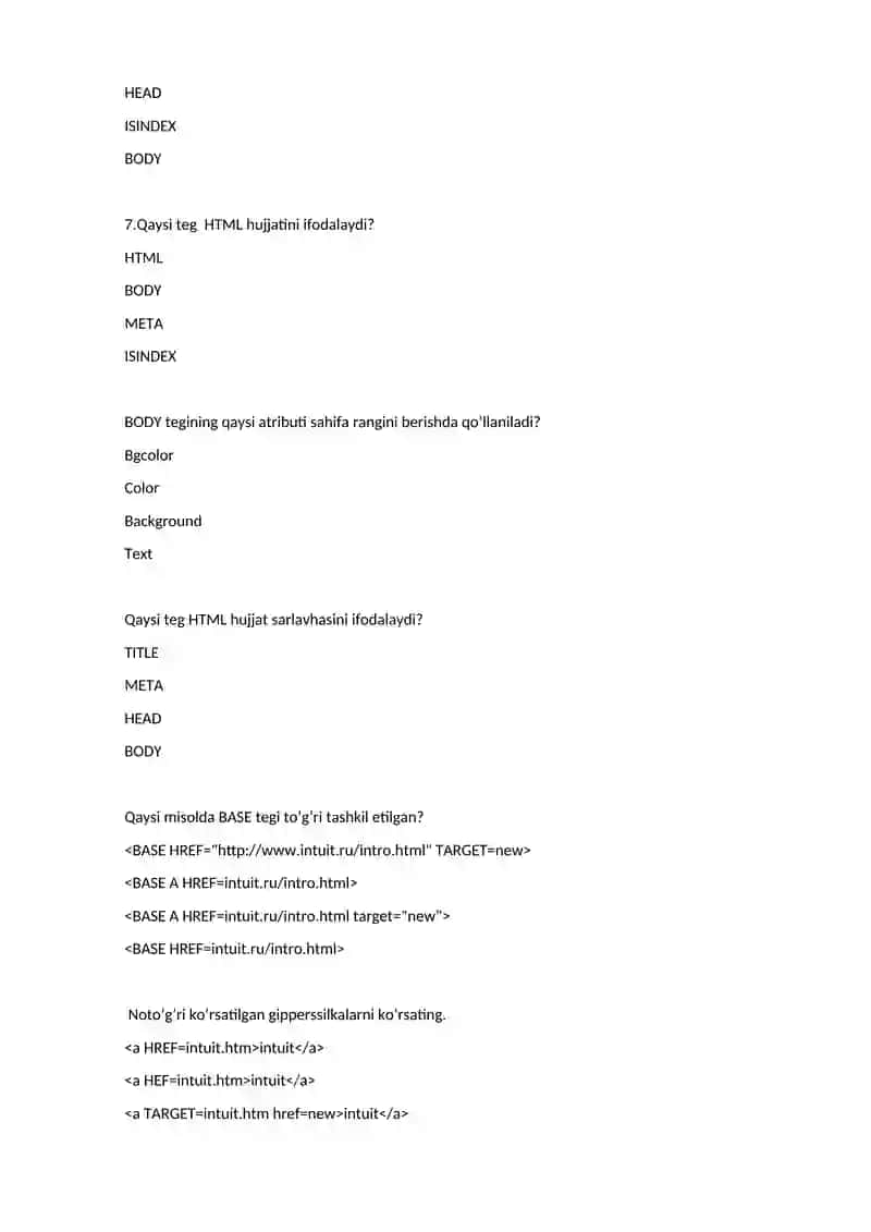 HTML bo'yicha test savollari 2