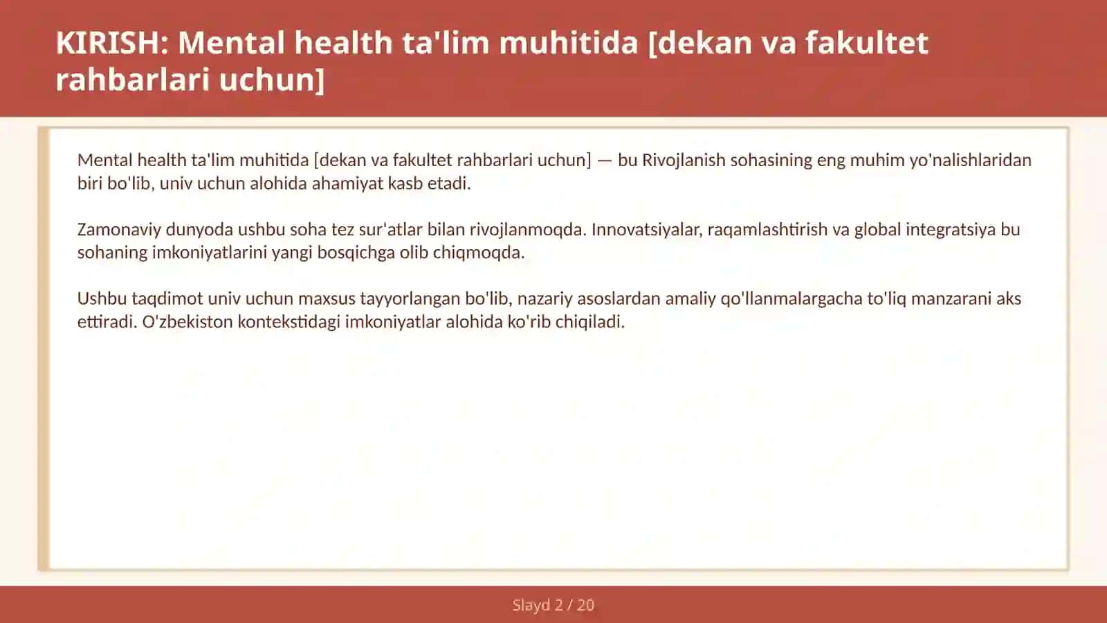 MENTAL HEALTH TA'LIM MUHITIDA [DEKAN VA FAKULTET RAHBARLARI UCHUN] 2