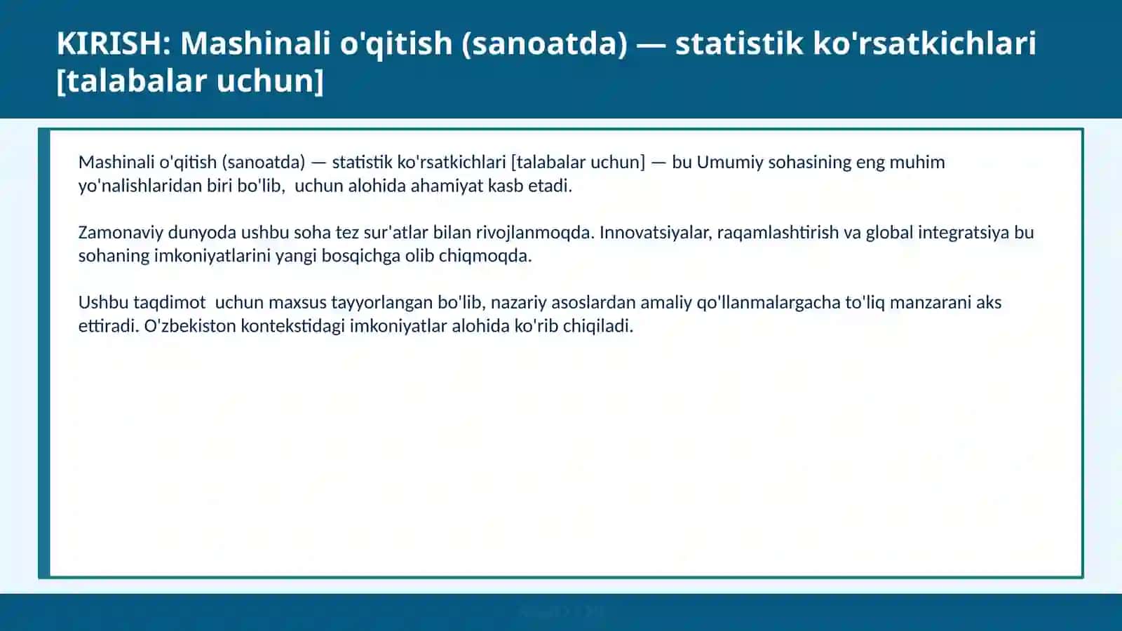 Mashinali o'qitish (sanoatda) — statistik ko'rsatkichlari [talabalar uchun] 2