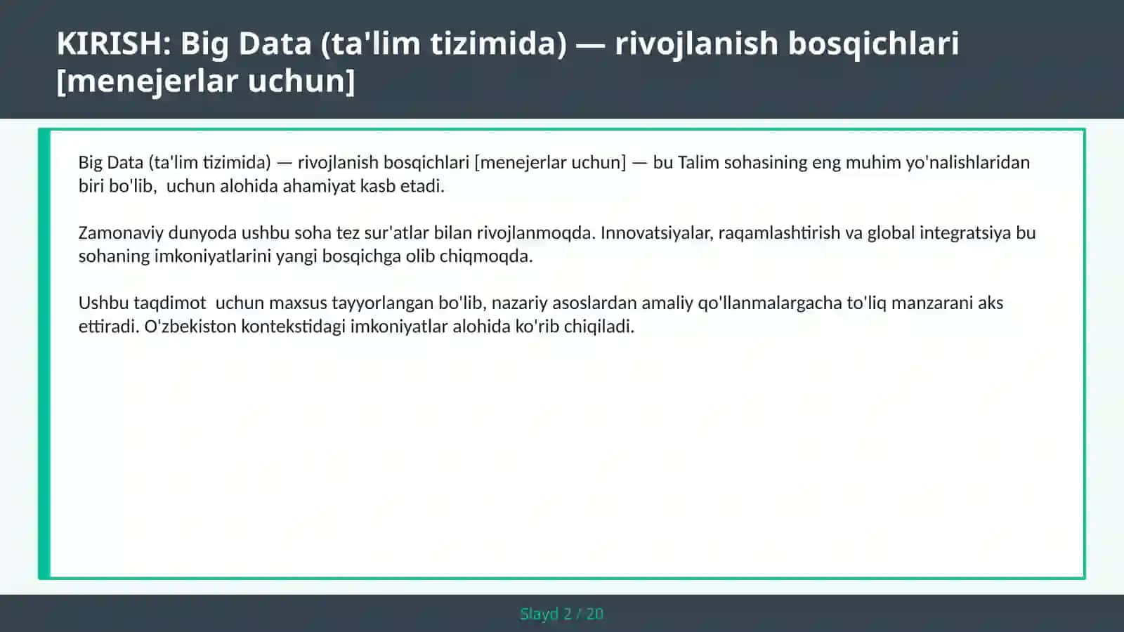 BIG DATA (TA'LIM TIZIMIDA) — RIVOJLANISH BOSQICHLARI [MENEJERLAR UCHUN] 2