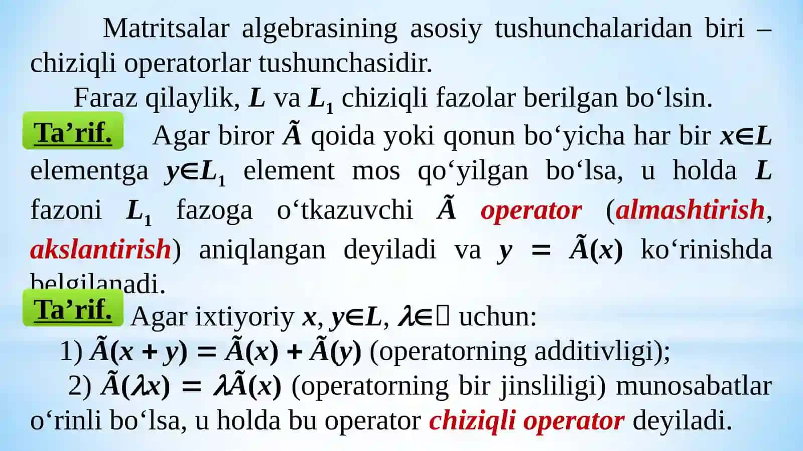 Chiziqiy operatorlar va ularning xossalari 2