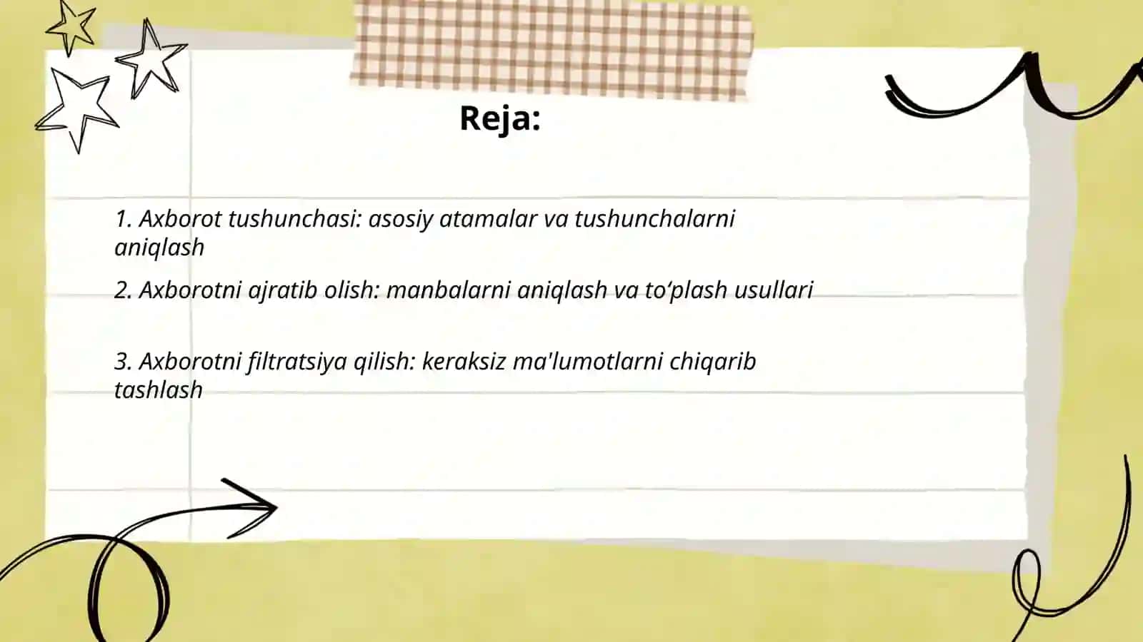 Axborot tushunchasi haqida tasavvurlarni shakllantirish: axborotni ajratib olish, qayta ishlash va taqdim etish bo'yicha topshiriqlar 2