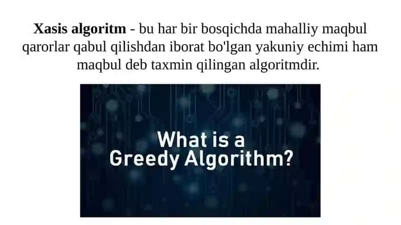 XASIS ALGORITMLAR. ENG QISQA MARSHRUTNI ANIQLASH ALGORITMI. UNI VARIANTLAR SONI BO’YICHA HAJMINI BAHOLASH. KRUSKAL ALGORITMI. PRIMA ALGORITMI. XOFFMAN ALGORITMI. 2