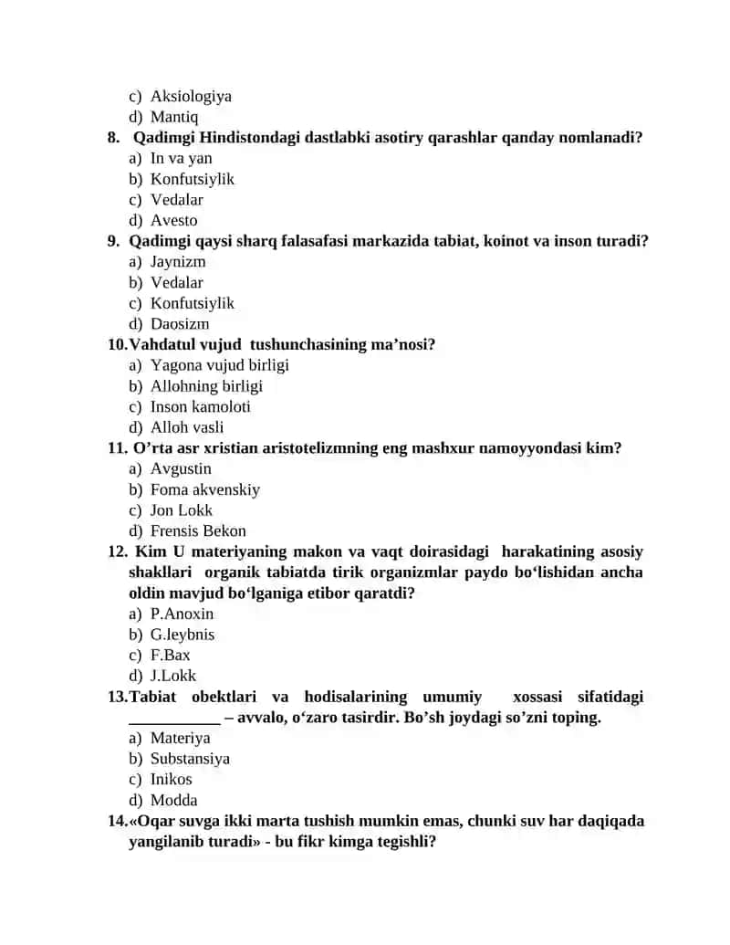 Pedagogika va psixologiya yo’nalishlariga Falsafa fanidan yakuniy nazorat uchun testlar 2