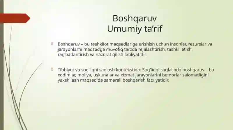 Boshqaruv funksiyalari:rejalashtirish,tashkillashtirish,motivatsiya,nazorat. Sog’liqni saqlashda innovatsion jarayonlar. Liderlik, liderlik nazariyasi va uslublari. 2
