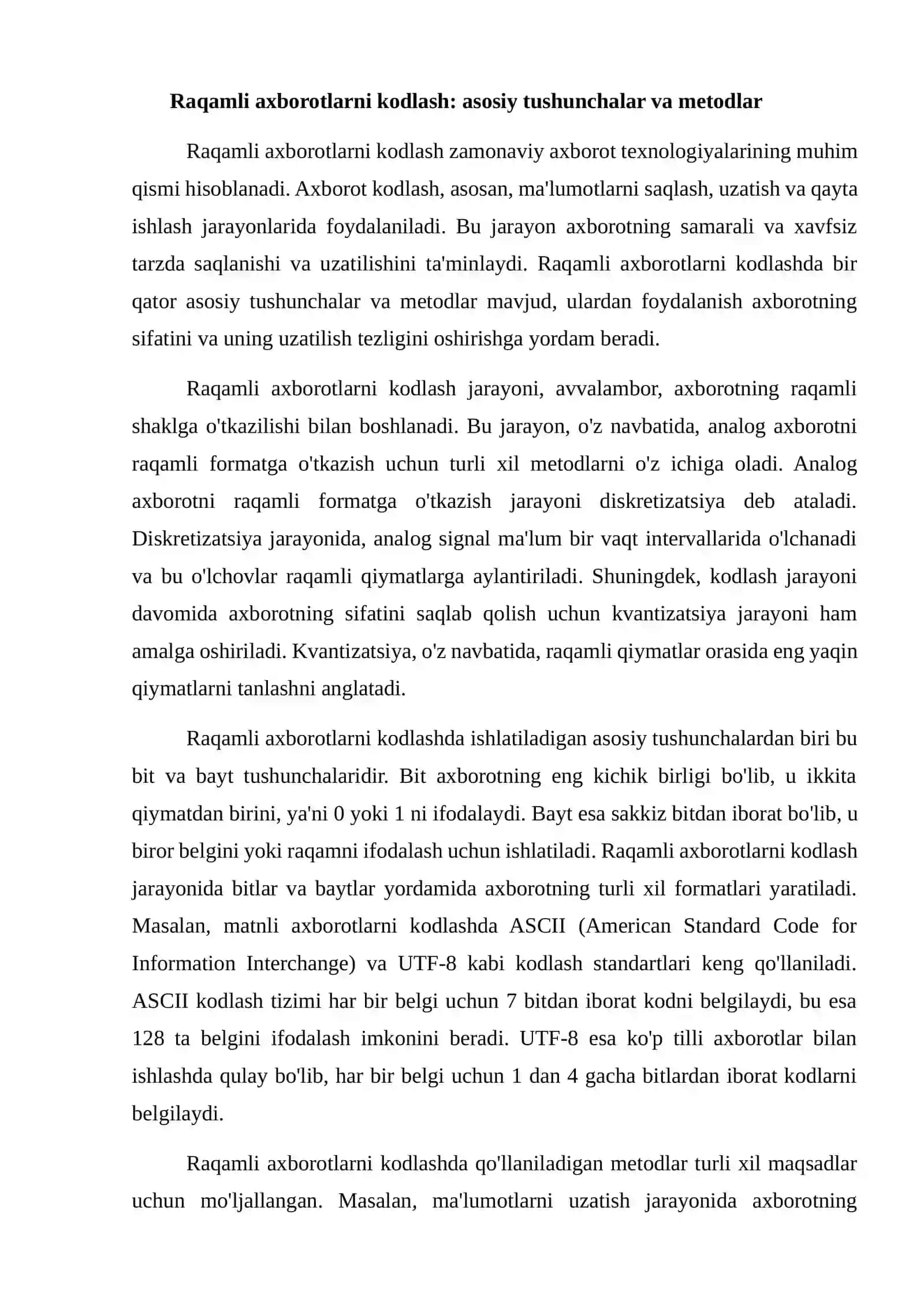 Raqamli axborotlarni kodlash. Matnli axborotlarni kodlash 2