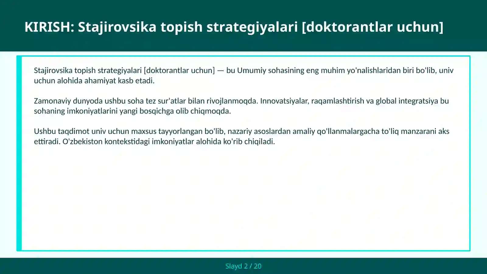 Stajirovsika topish strategiyalari [doktorantlar uchun] 2