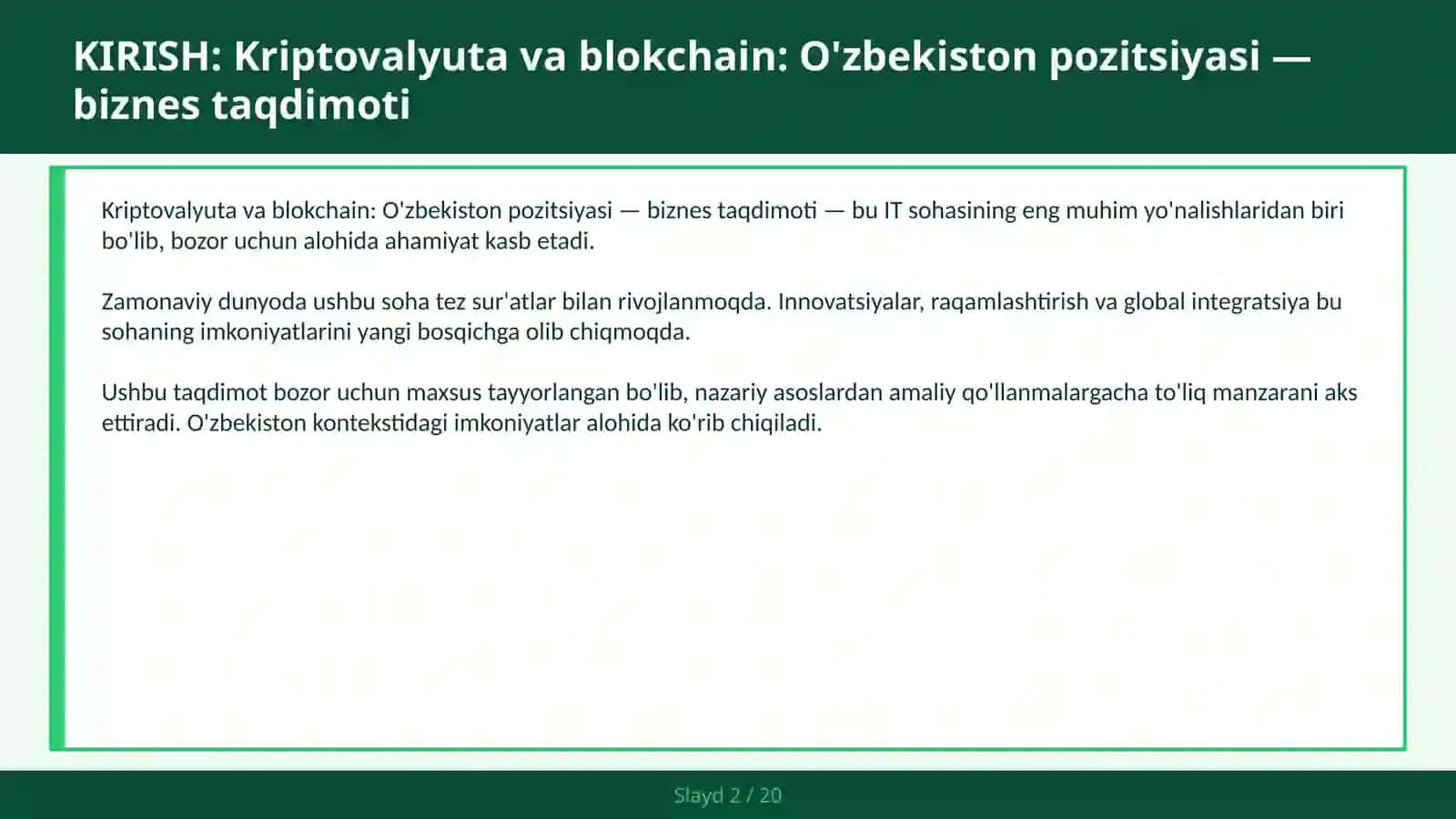 Kriptovalyuta va blokchain: O'zbekiston pozitsiyasi — biznes taqdimoti 2