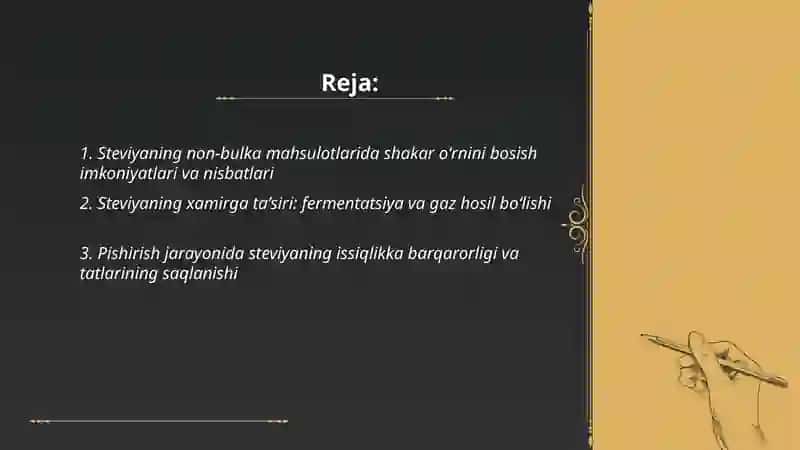 Steviyani oziq-ovqat sanoatida qo'llanilishi uni non bulka mahsulotlari ishlab chiqarishda qo'llash 2