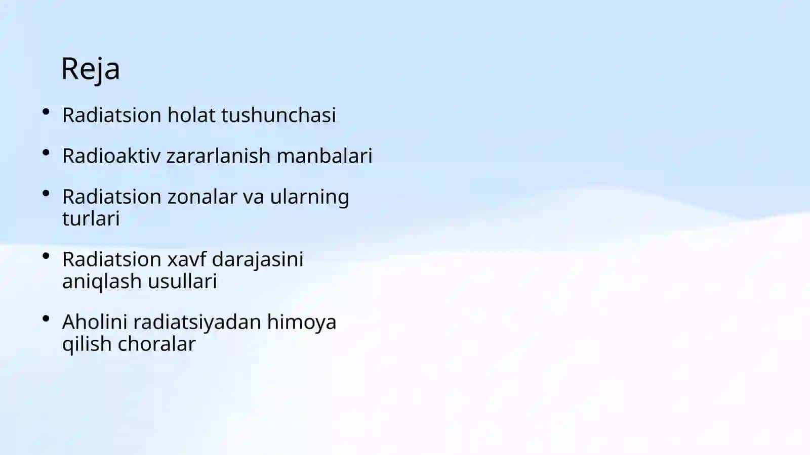 FAVQULODDAVAZIYATNIBAHOLASH. RADIATSIONHOLAT. RADIOAKTIVZARARLANISHMANBAALARI. RADIOAKTIVZARARLANISHZONALARITAVSIFI 2