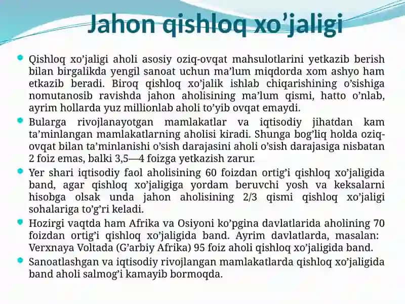 Jahondagi qishloq xoʻjaligi ishlab chiqarishining salohiyati 2