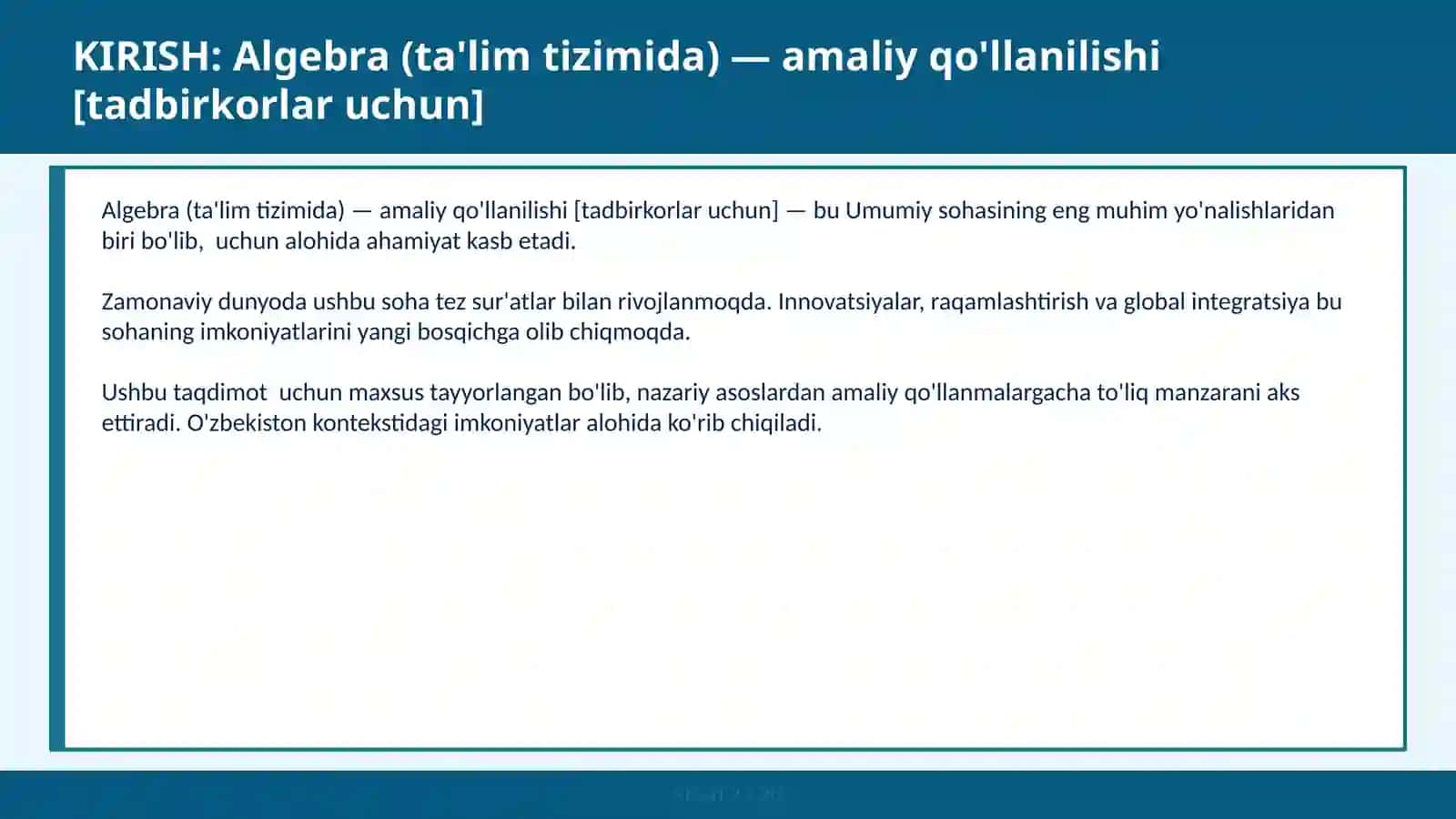 Algebra (ta'lim tizimida) — amaliy qo'llanilishi [tadbirkorlar uchun] 2