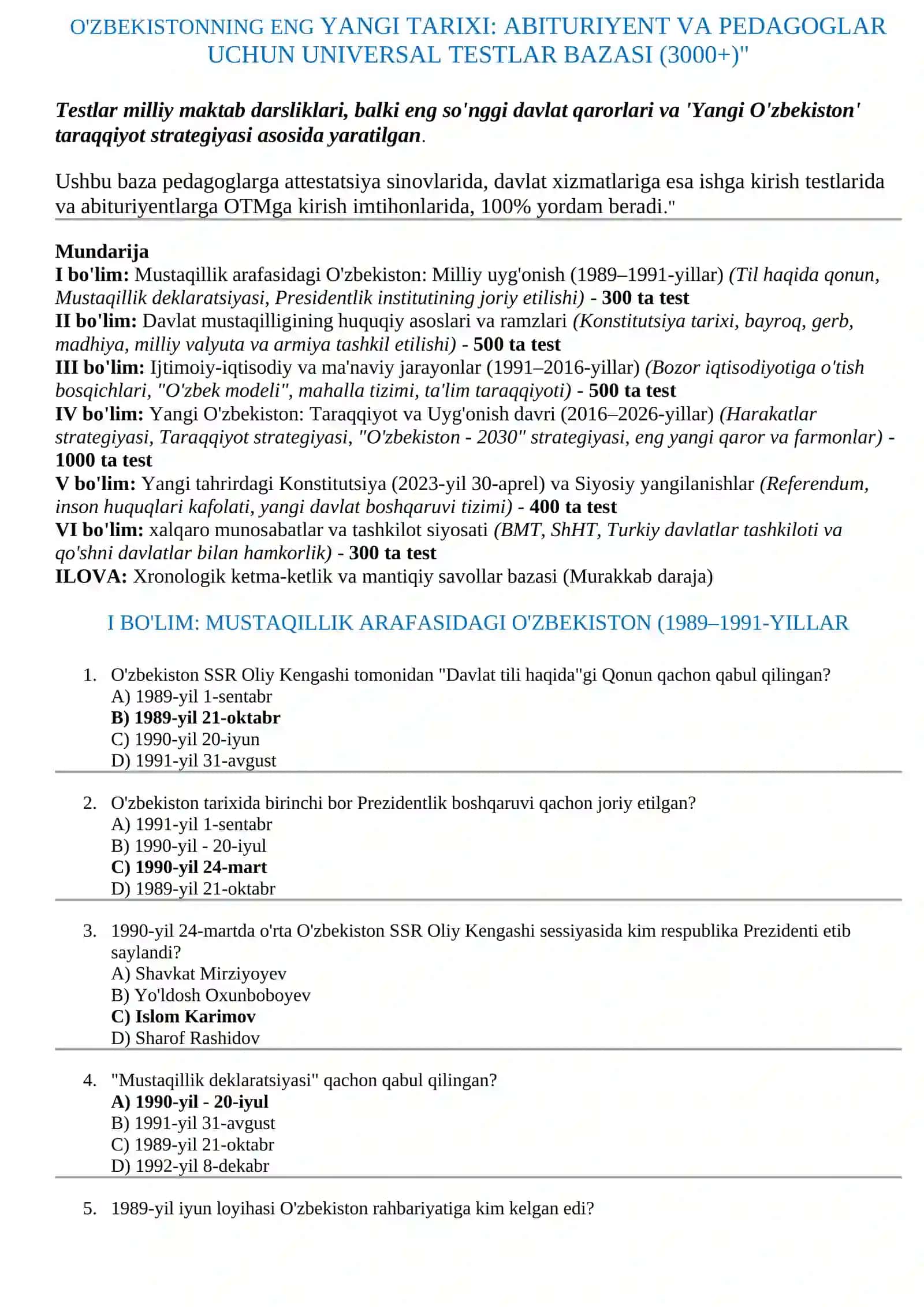 ARGOS 2026 YIL O'ZBEKISTONNING ENG YANGI TARIXI PEDAGOGLAR VA ABITURIYENTLAR UCHUN UNIVERSAL TESTLAR BAZASI (3000+) 2