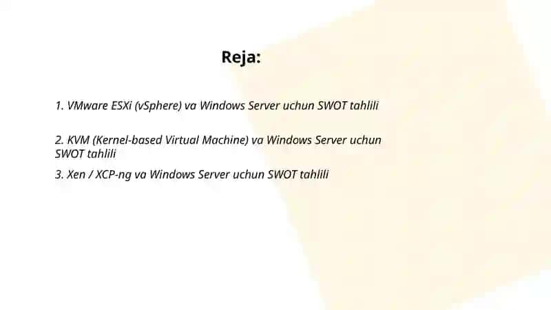 VMware ESXi (vSphere) va Windows Server uchun SWOT tahlili 2