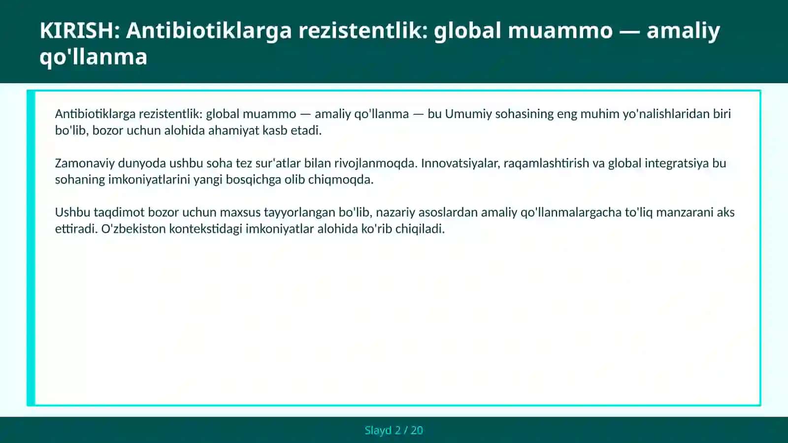 ANTIBIOTIKLARGA REZISTENTLIK: GLOBAL MUAMMO — AMALIY QO'LLANMA 2