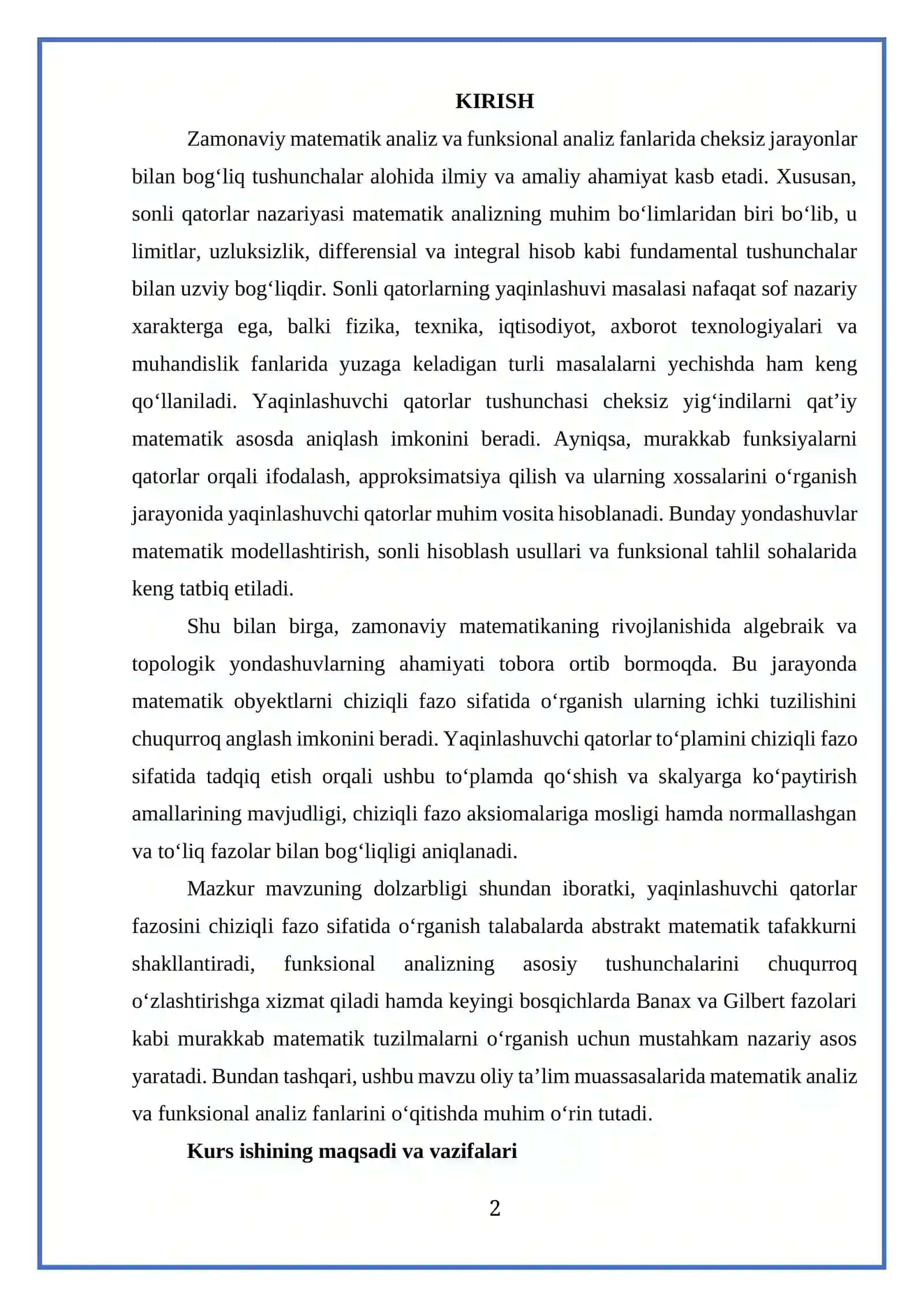 YAQINLASHUVCHI QATORLAR TOʻPLAMINI CHIZIQLI FAZO SIFATIDA OʻRGANISH 2