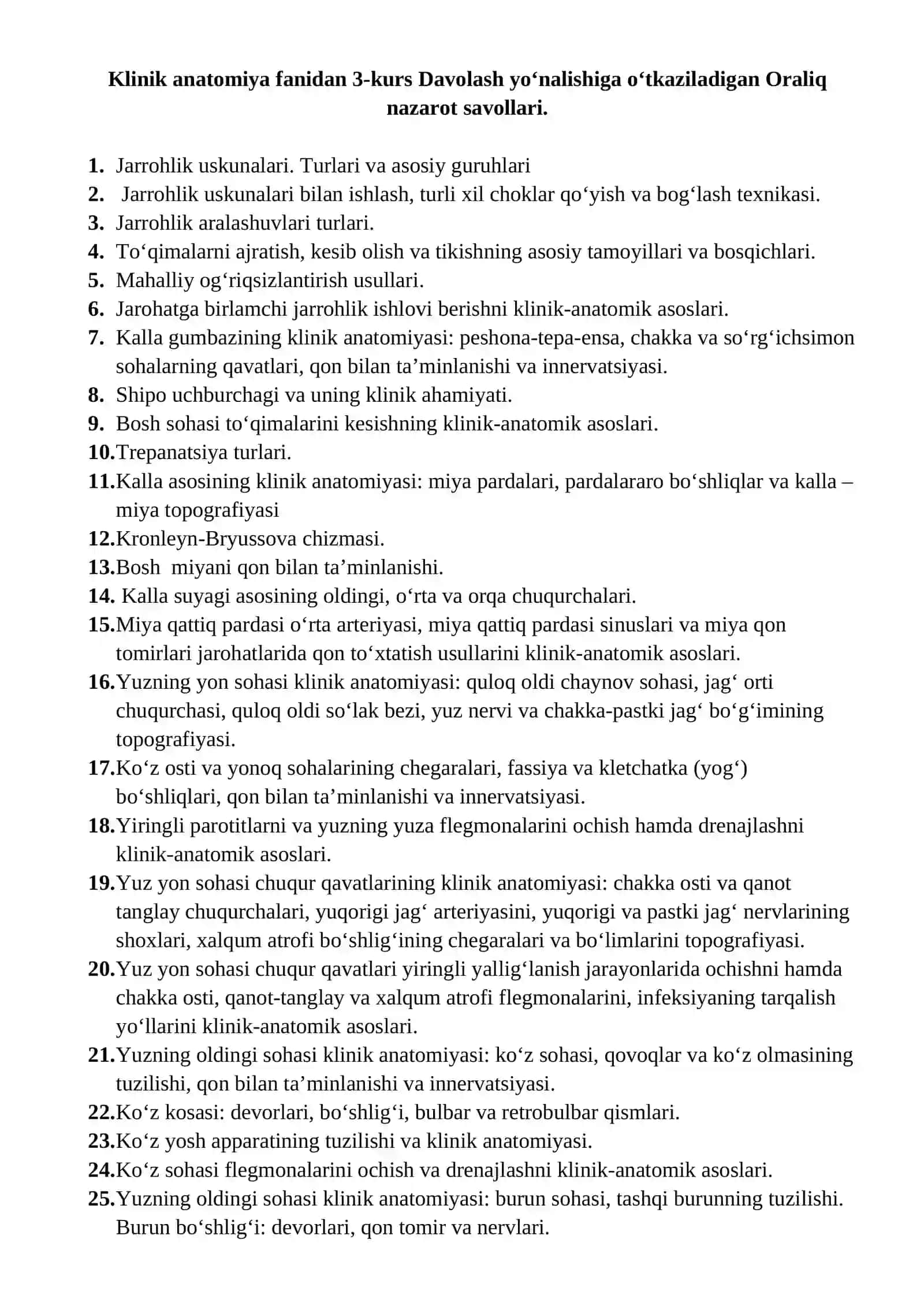 Davolash YO'nalishi 3-Kurs TalabAlari Uchun Oraliq Nazorat Savollari 2