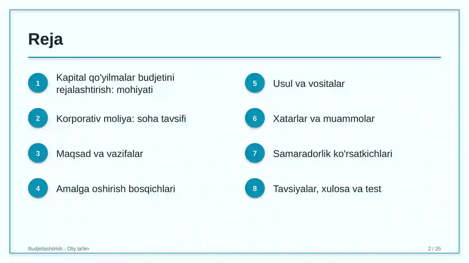 Korporativ moliyada kapital qo'yilmalar budjetini rejalashtirish 2