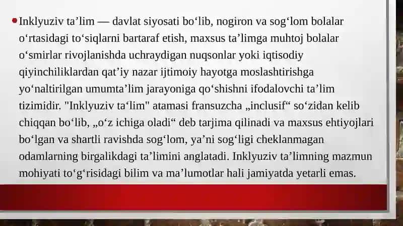 O‘zbekistonda inklyuziv taʼlimni rivojlantirish konsepsiyasini amalga oshirish strategiyasi. Imkoniyati cheklangan bolalarni inklyuziv taʼlimga jalb etishda TPPK ning ro‘li. Imkoniyati cheklangan bolalarni inklyuziv taʼlim jarayonida o‘qitishda individual dasturlarini tuzish, metodik va didaktik taʼminotini yaratish. Inklyuziv taʼlimga jalb qilingan bolalarga uslubiy va didaktik yordam bilan taʼminlash. 2