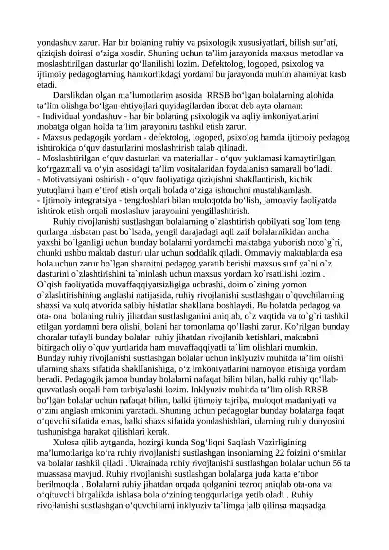 Ruhiy rivojlanishi sustlashgan bolalarning alohida ta’limni olishga bo‘lgan  ehtiyojlari. 2