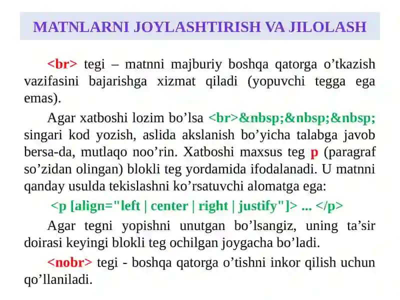 Taqdimot. HTML teglari yordamida web sahifaga dizayn berish 2