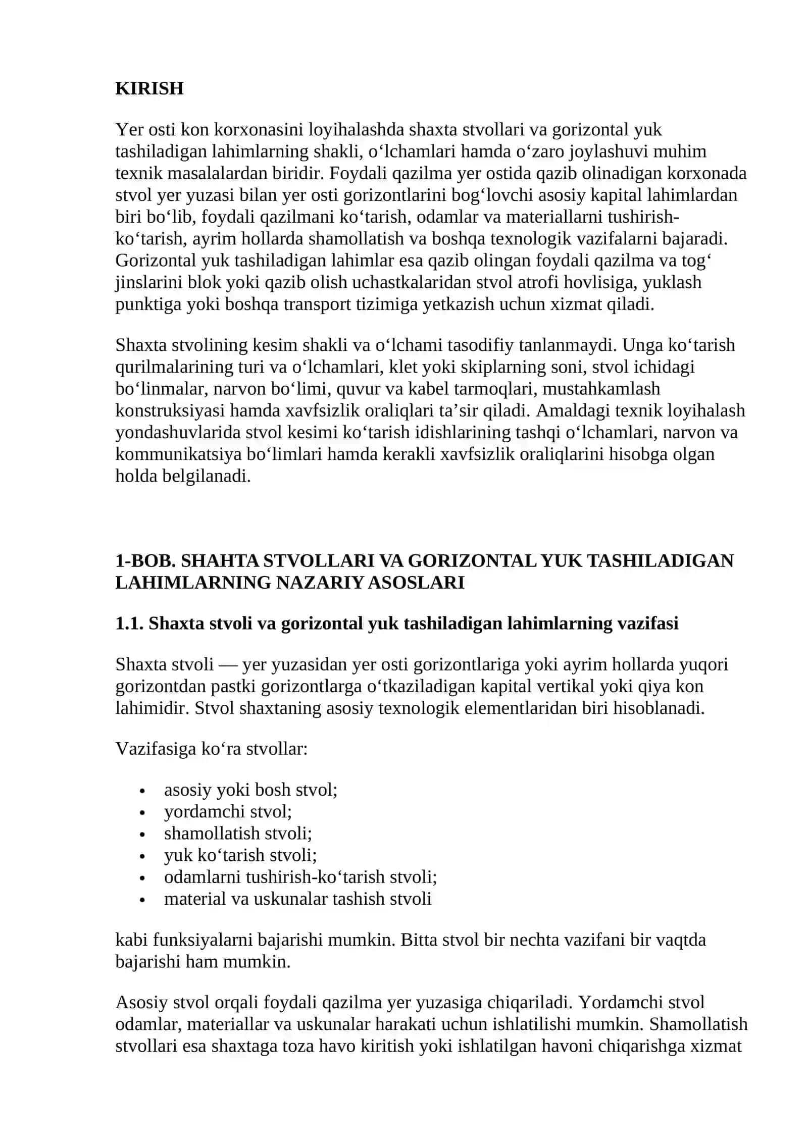 SHAHTA STVOLLARINI VA GORIZONTAL YUK TASHILADIGAN LAHIMLARNI SHAKLINI VA O‘LCHAMLARINI BELGILASH, ULARNI JOYLASHTIRISH SXEMALARI 2